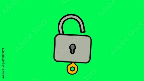 Two Dimensional Cartoon Padlock Opening With Key Insertion Action On Green Screen