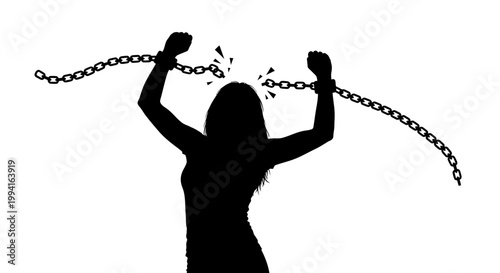 Silhouette of a woman breaking free from metal chains on a white background.
