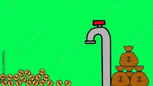Faucet Pouring Gold Coins Stacking in Front of Money Bag on Green Screen
