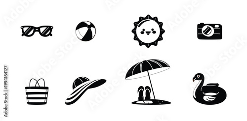 Collection of black and white vector icons representing summer beach and ocean elements isolated on transparent background. Vector illustration.