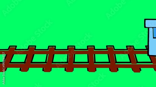 Blue Cartoon Steam Train Running on Railway Tracks with Green Screen
