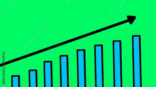 Rising Blue Bar Chart with Black Arrow Growing Up on Green Screen