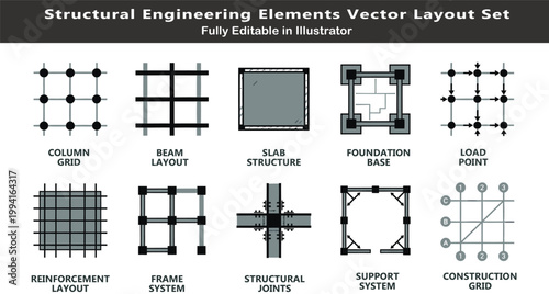 Structural engineering vector icons set, top view building framework layout, columns, beams, slabs, foundation, reinforcement, load points CAD symbols