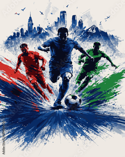 Dynamic Soccer Players in Motion with Color Splash Illustration, Football Championship Concept.