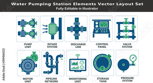 Pumping station vector icons set, top view water system layout, pump units, intake, discharge lines, valves, pressure control CAD symbols