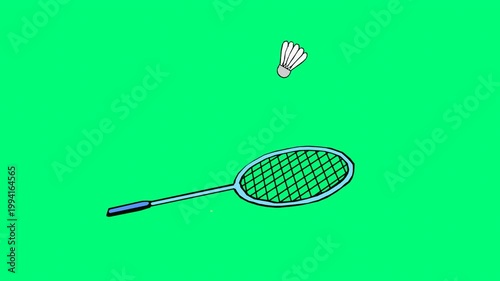 Cartoon Badminton Racket Hitting Shuttlecock Continuously on Green Screen