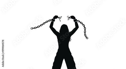 Silhouette of a woman breaking free from chains.