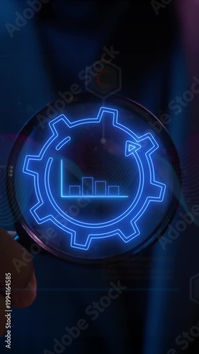 Money, profit, investment, growth business, economy, finance and success concept. Businessman using magnifying glass focus on animation of virtual graph with up arrow inside cogwheel.