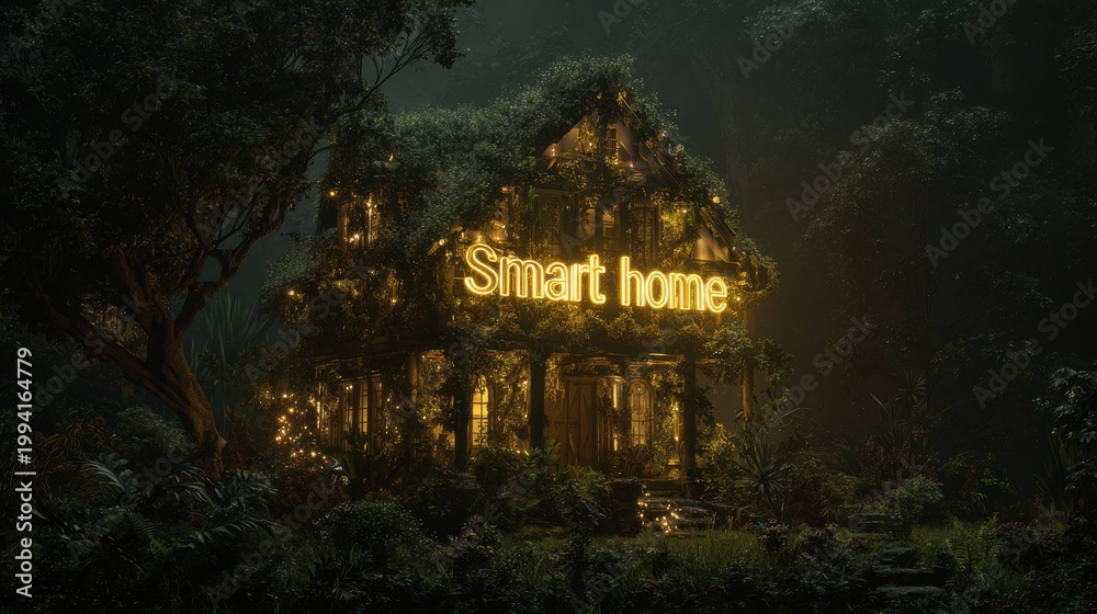 Fototapeta premium Enchanted Forest Smart Home Illuminated by Golden Lights and Lush Greenery