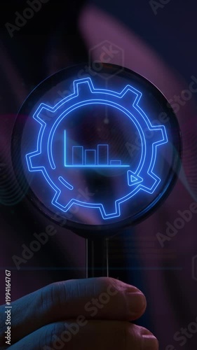 Money, profit, investment, growth business, economy, finance and success concept. Businessman using magnifying glass focus on animation of virtual graph with down arrow inside cogwheel.