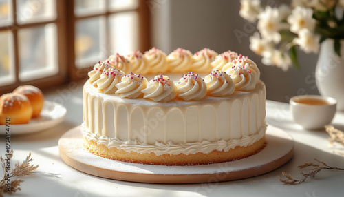 Creamy White Cake on Table by Kitchen Window for Bakery Blogs and Dessert Photography | Homemade Cozy Concept