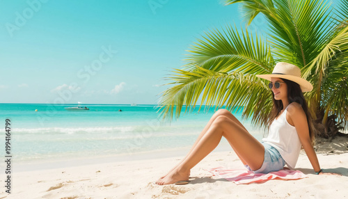 Summer Vacation Paradise Tropical Sea Coast with Swaying Palms and Golden Sandy Shore