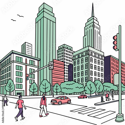 Modern city street scene with skyscrapers pedestrians crossing the road and traffic light graphic resources buildings pedestrians skyscrapers crosswalk metropolis architecture downtown