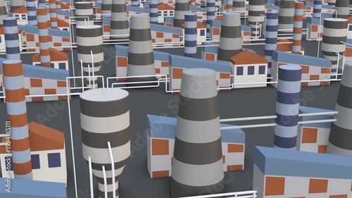 Smooth Panning 3D Animation of Industrial Factory Buildings and Chimneys