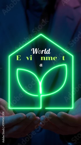 Ecological, ESG, renewable green energy and save the world sustainable. Sharing, reusing and environmental care. Businessman showing world environment day icon.