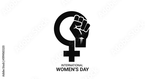 International Womens Day design with female gender symbol and raised fist.