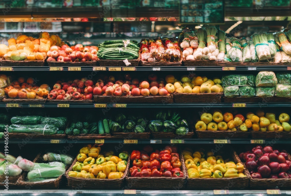 Obraz premium Fresh Colorful Fruits and Vegetables Displayed in Supermarket Aisles Under Bright Lights
