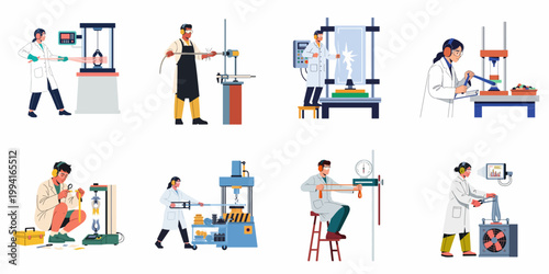 Material testing laboratory scenes with scientists performing tensile strength, compression, and durability experiments on various industrial materials and products.