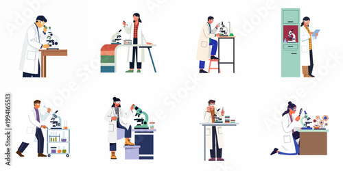 Diverse scientists conducting research in a laboratory setting with microscopes, pipettes, and lab equipment, isolated flat vector illustration set.