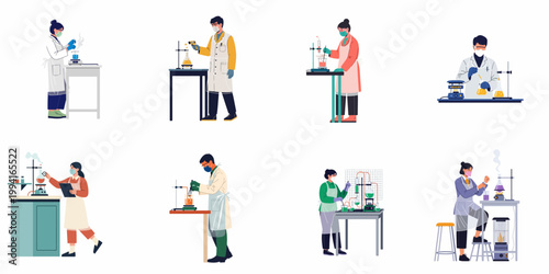 Collection of diverse scientists in protective gear conducting various laboratory experiments and chemical research, isolated on a white background.