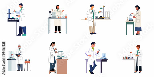 Diverse set of scientists and laboratory technicians in white coats weighing chemicals and conducting experiments with various lab equipment and scales