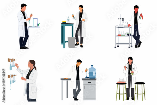 Collection of male and female scientists in white lab coats conducting experiments and using equipment in a flat vector illustration style.