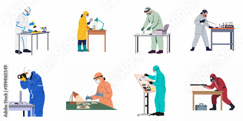 Forensic experts and scientists in protective suits analyzing evidence and conducting laboratory research in various scenes, isolated on a white background.