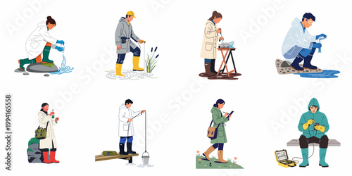Diverse scientists and environmental researchers conducting field work, water quality testing, and ecological monitoring in various outdoor environments.