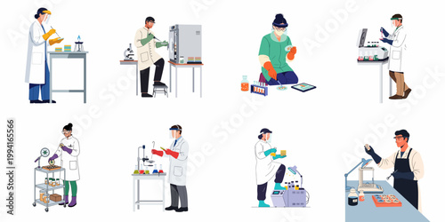 Set of flat vector illustrations of diverse scientists conducting research and experiments in a modern laboratory with professional equipment and protective gear.