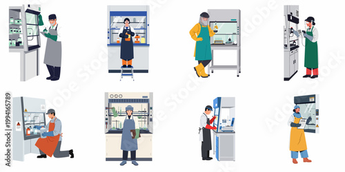 Collection of flat illustrations depicting various scientists and laboratory technicians working with chemicals and specialized equipment while wearing professional protective gear.