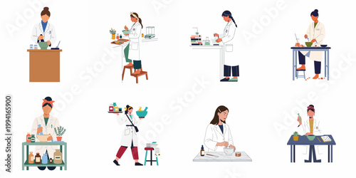 Collection of vector illustrations featuring female pharmacists and scientists working in laboratories and pharmacies with mortar, pestle, and medicine bottles.