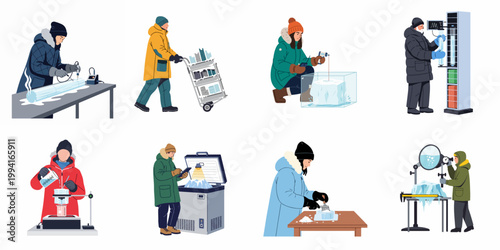 Illustrations of scientists in winter clothing conducting diverse experiments and research tasks on ice and glaciers within a laboratory environment.