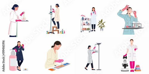 Collection of diverse female scientists and researchers in lab coats conducting experiments for skincare and cosmetic product development, professional vector illustration.