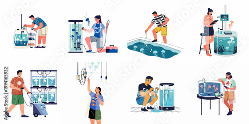 Collection of diverse scenes showing marine biologists and researchers studying jellyfish in professional laboratory and aquarium environments with specialized equipment.