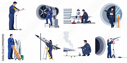 Aeronautical engineering and aircraft maintenance illustration set featuring workers testing airplane models, performing maintenance, and conducting wind tunnel research.