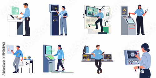 Professional engineers and technicians operating complex control panels and monitoring systems in a nuclear power plant or industrial facility, flat vector illustrations.