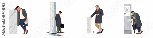 Collection of four isolated illustrations showing men in coats and formal wear looking exhausted, bored, or contemplative while waiting by marble columns.