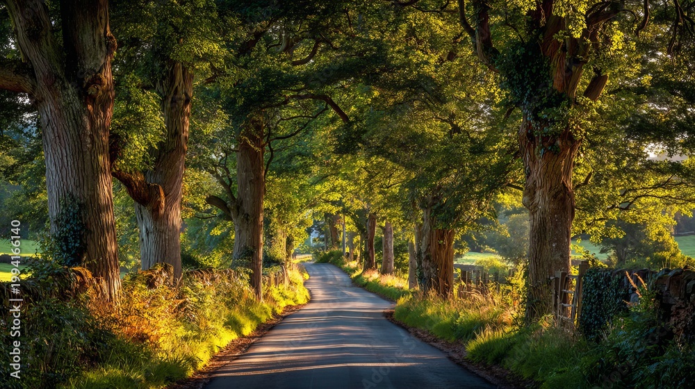Obraz premium A serene tree-lined road stretches through a lush green landscape on a sunny day