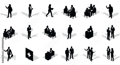 isometric black silhouette vector set of business people working in meetings and presenting for corporate design.