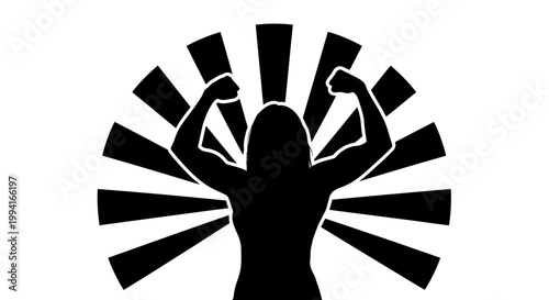 Silhouette of a powerful person flexing muscles with sunburst background.