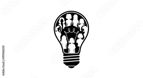 Black silhouette icon of a lightbulb filled with diverse people figures.