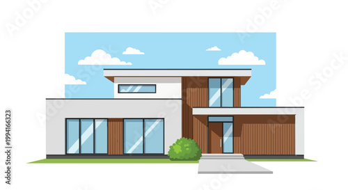 Modern Luxury Minimalist House Exterior Vector Illustration with Flat Roof, Wood Paneling and Glass Windows under Blue Sky Background