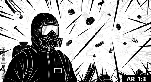 hazmat suit worker facing hazardous materials and dangerous debris illustrating industrial safety and environmental protection during crisis