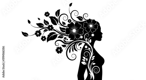 Black silhouette of a woman with floral hair and swirling nature patterns.