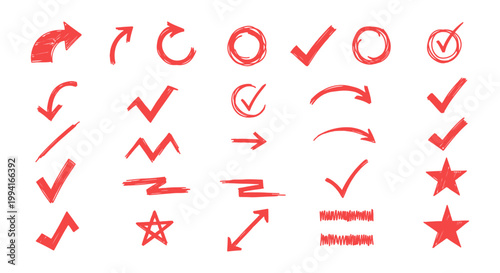 hand-drawn red marker doodle elements collection featuring various arrows check marks stars and circles on white ideal graphic resources.