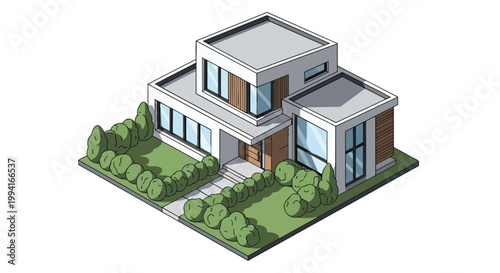 Modern Isometric Two-Story Luxury House Illustration with Contemporary Architecture, Glass Windows, and Green Garden Landscaping