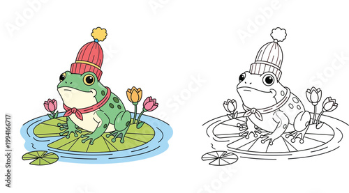 Cute Cartoon Frog Wearing a Winter Hat and Scarf on a Lily Pad in a Pond with Flowers, Coloring Book Page and Colored Vector Illustration for Kids Educational Activity