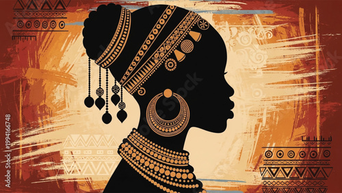 African woman silhouette adorned with traditional jewelry and headwrap on colorful background.