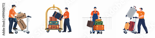 Set of illustrations featuring airport baggage handlers and hotel porters in orange uniforms working with luggage on carts and trolleys.