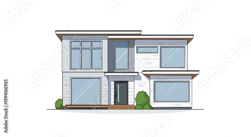 Modern Minimalist Two-Story House Vector Illustration with Large Windows and Flat Roof Design